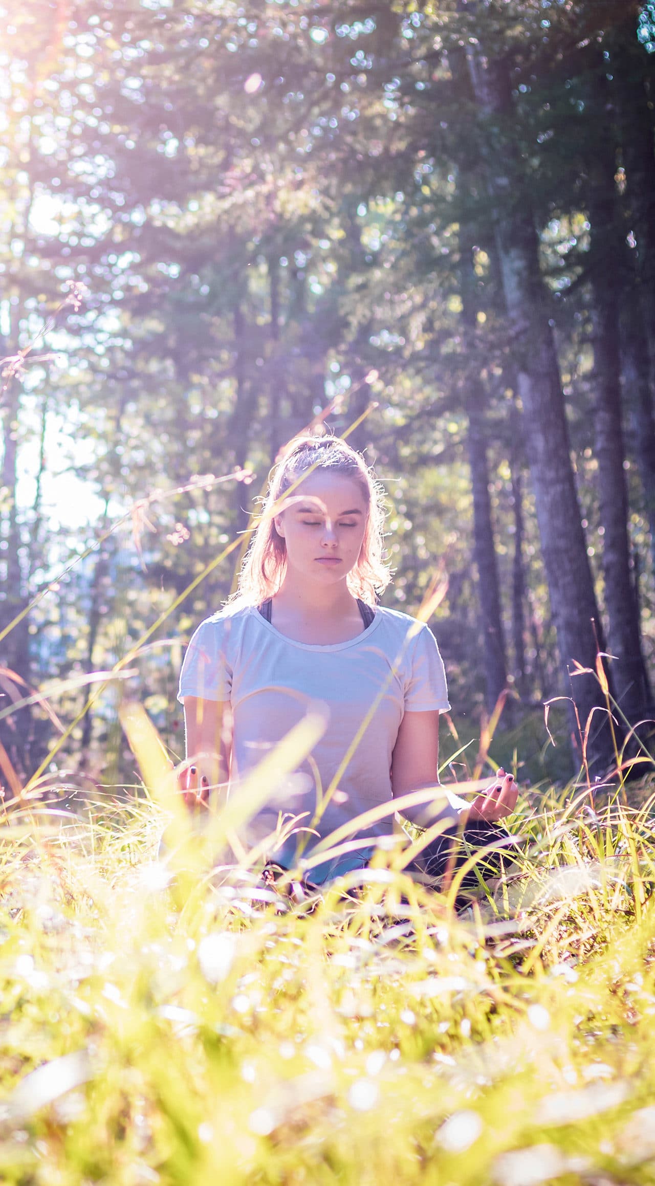 A person sitting cross-legged in a field near a forest