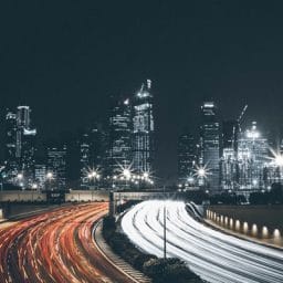 Traffic in a city at night.