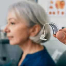 Close-up of hearing aid near senior patient's ear at audiology clinic.
