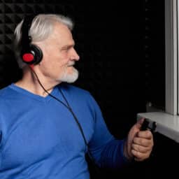 Man wearing headphone during his hearing test.