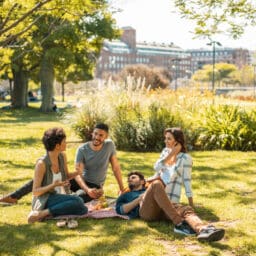 Group of friends hanging out on a picnic blanket at the park