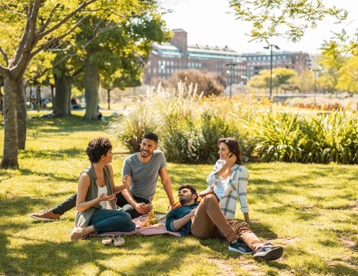 Group of friends hanging out on a picnic blanket at the park