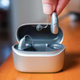 Hand holding hearing aid over charging case on table