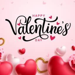 Happy Valentine's day greeting card clipart. Valentine's day greeting typography clip art with pink gift box and red heart balloons love elements in pink background vector illustration.