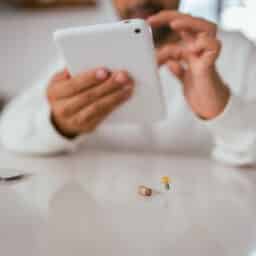Modern hearing aid, man using a tablet in the background.