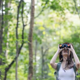 A young woman wearing a sun hat and light-colored outfit stands in a lush green forest, holding binoculars. She looks up with curiosity, as if observing birds or wildlife in the peaceful environment