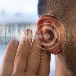 Man holding his hand up to his ear. Hearing loss concept.